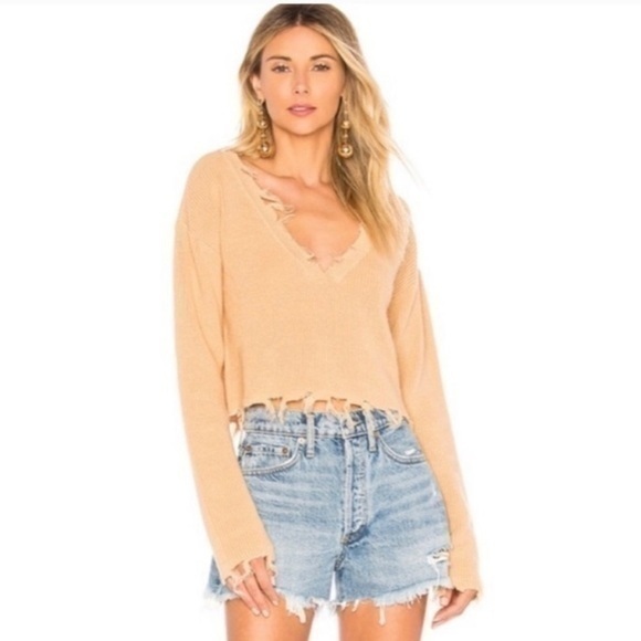 Lovers + Friends Revolve Camel Brown‎ Ribbed V Neck Sweater Distressed - Picture 2 of 9